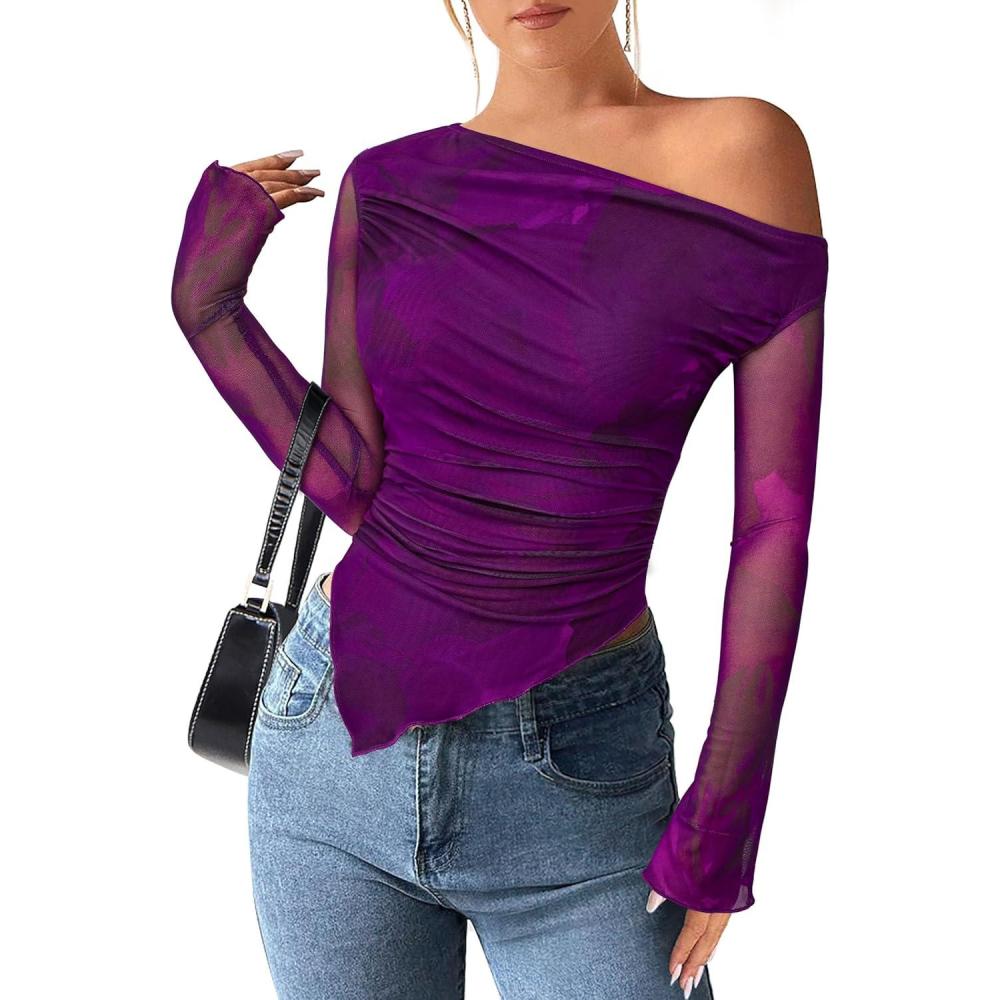 imagePRETTYGARDEN Womens Fall Trendy Off Shoulder Y2k Tops 2025 Tie Dye Mesh Long Sleeve Shirts Asymmetrical Ruched Floral BlousePrint Purple