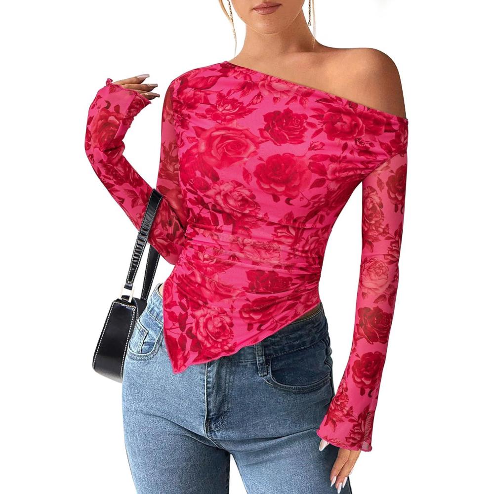 imagePRETTYGARDEN Womens Fall Trendy Off Shoulder Y2k Tops 2025 Tie Dye Mesh Long Sleeve Shirts Asymmetrical Ruched Floral BlouseRose Tan