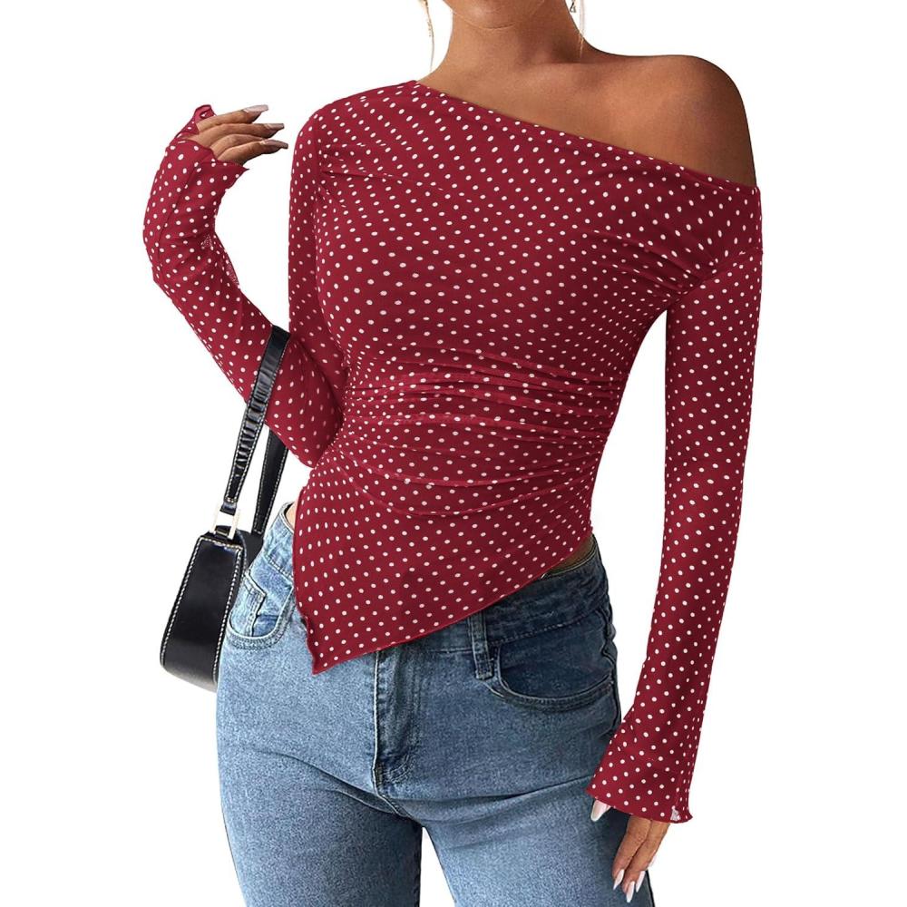 imagePRETTYGARDEN Womens Fall Trendy Off Shoulder Y2k Tops 2025 Tie Dye Mesh Long Sleeve Shirts Asymmetrical Ruched Floral BlouseSmall Dot Red White