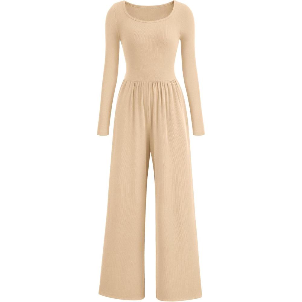 imagePRETTYGARDEN Womens Jumpsuits Dressy Casual Fall Fashion 2025 Trendy Long Sleeve Wide Leg Rompers Spring Work Office OutfitsBeige