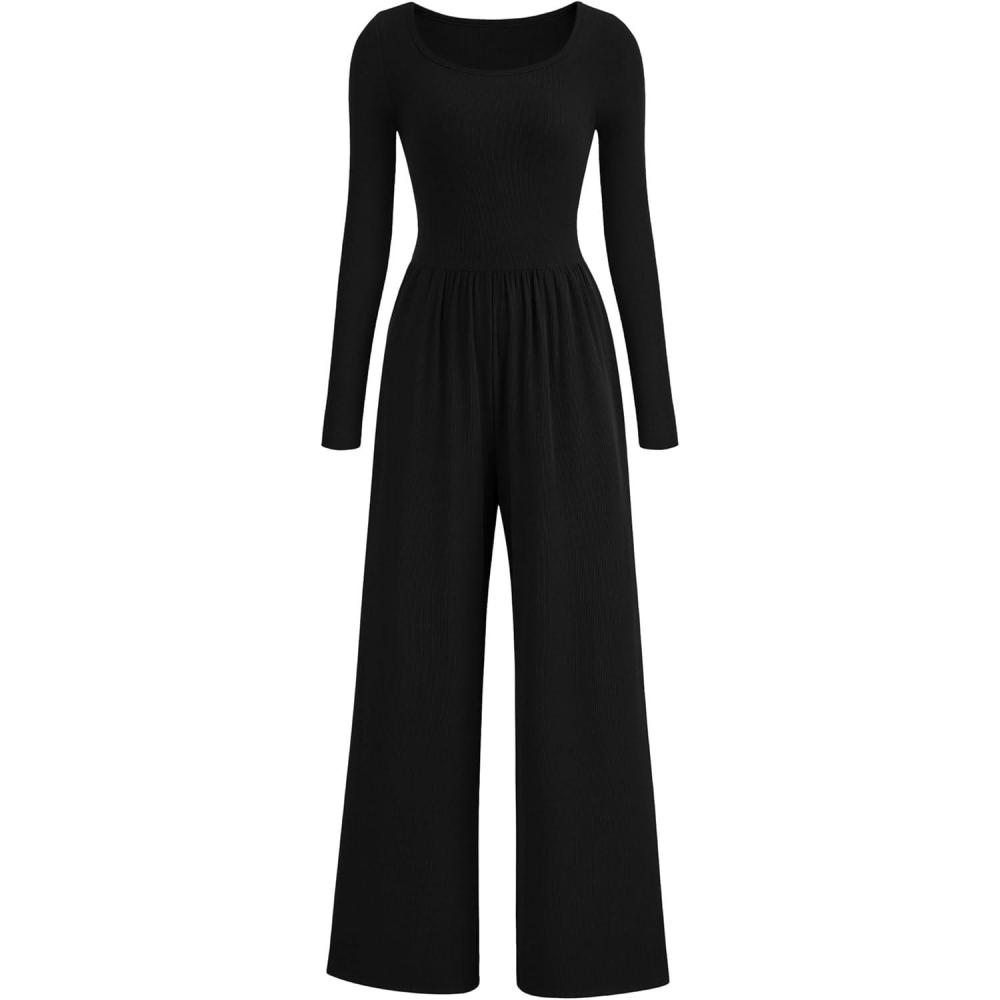 imagePRETTYGARDEN Womens Jumpsuits Dressy Casual Fall Fashion 2025 Trendy Long Sleeve Wide Leg Rompers Spring Work Office OutfitsBlack