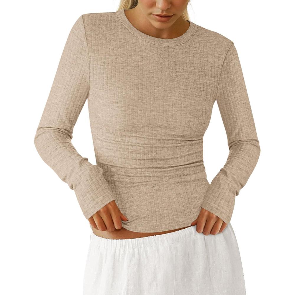 imagePRETTYGARDEN Womens Long Sleeve Shirts 2025 Ribbed Knit Slim Fitted Basic Tee Casual Going Out Tops Underscrubs Fall ClothingKhaki