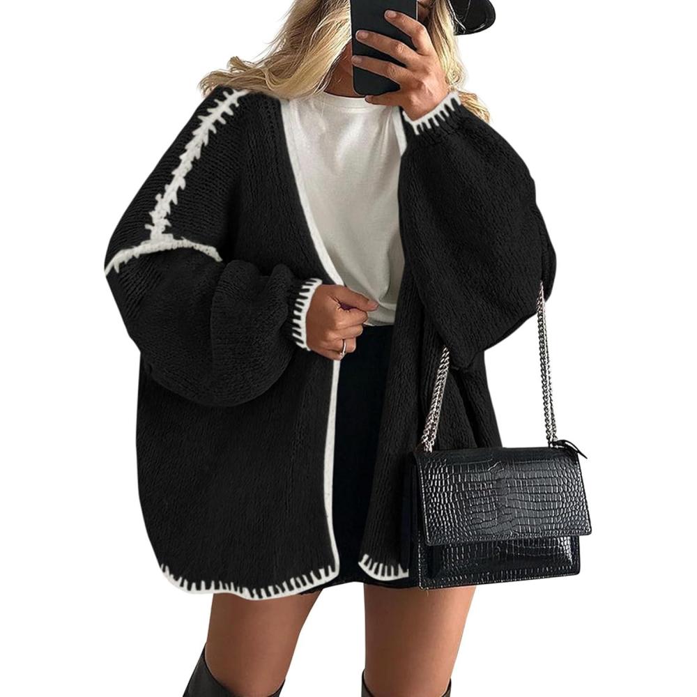 imagePRETTYGARDEN Womens Oversized Cardigan Sweaters 2025 Fall Long Lantern Sleeve Knit Open Front Lightweight SweaterStyle2black