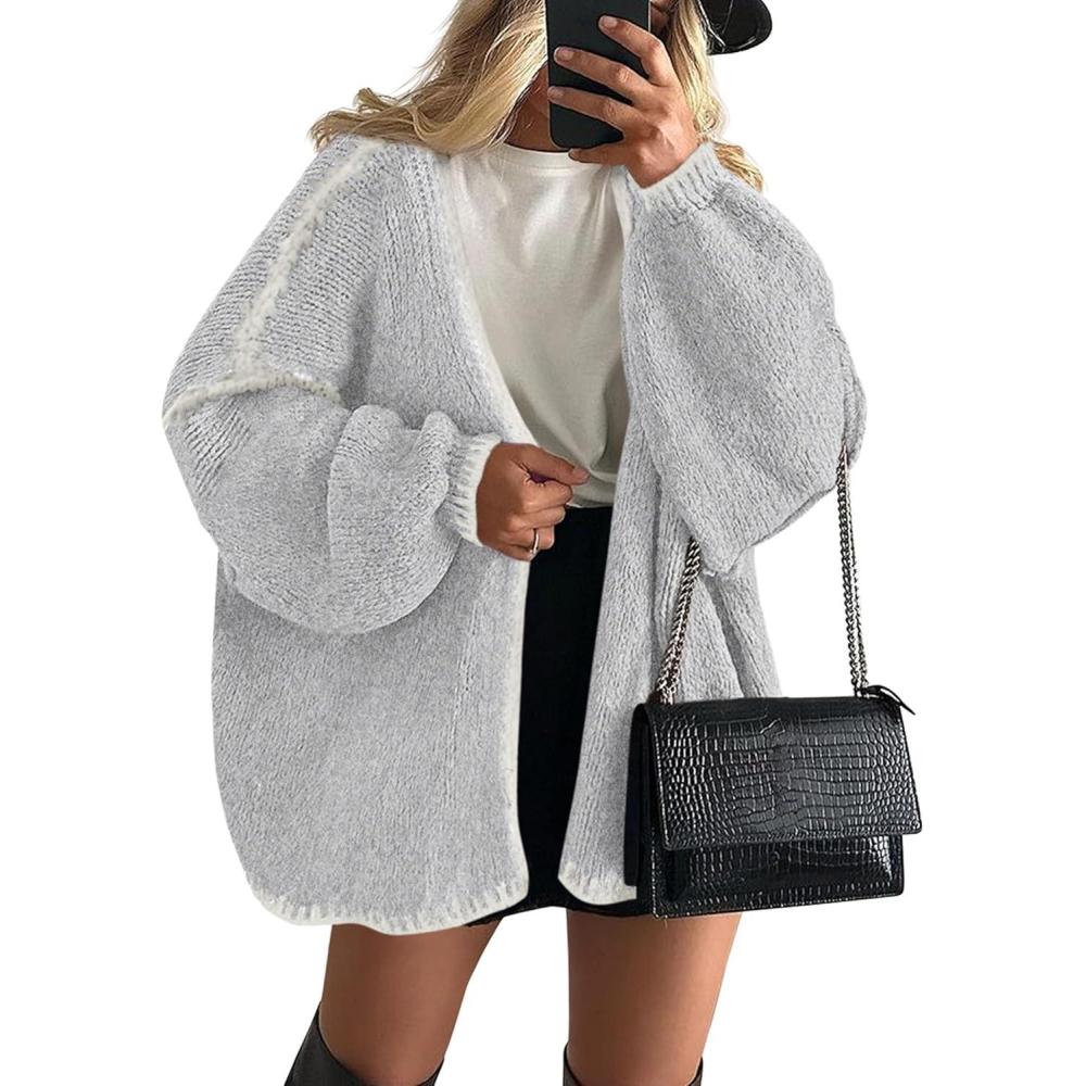 imagePRETTYGARDEN Womens Oversized Cardigan Sweaters 2025 Fall Long Lantern Sleeve Knit Open Front Lightweight SweaterStyle2grey