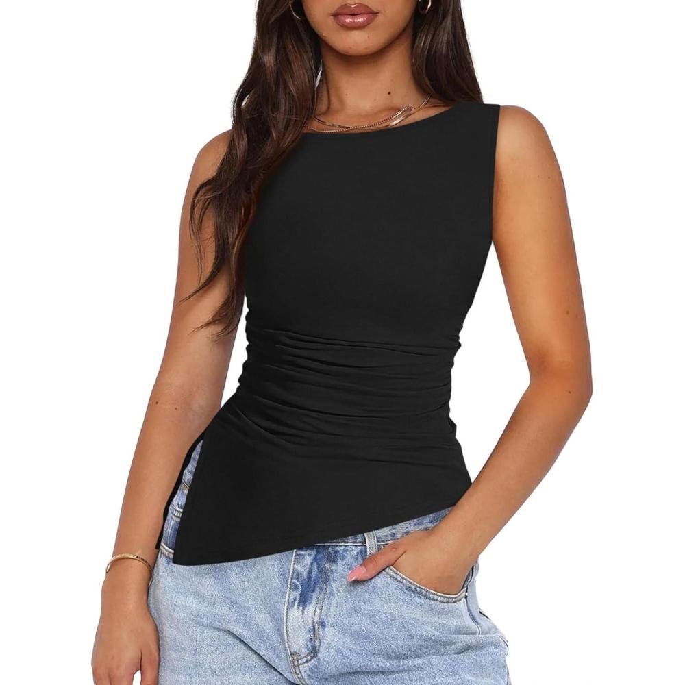 imagePRETTYGARDEN Womens Ruched Tank Tops 2025 Summer Sleeveless Slim Fit T Shirts Blouses Going Out Y2K Fashion ClothesBlack