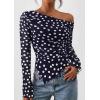 imagePRETTYGARDEN Womens Fall Trendy Off Shoulder Y2k Tops 2025 Tie Dye Mesh Long Sleeve Shirts Asymmetrical Ruched Floral BlouseDot Navy Blue White