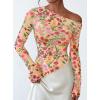 imagePRETTYGARDEN Womens Fall Trendy Off Shoulder Y2k Tops 2025 Tie Dye Mesh Long Sleeve Shirts Asymmetrical Ruched Floral BlouseFloral Apricot Multi