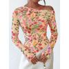 imagePRETTYGARDEN Womens Fall Trendy Off Shoulder Y2k Tops 2025 Tie Dye Mesh Long Sleeve Shirts Asymmetrical Ruched Floral BlouseFloral Apricot Multi