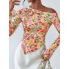 imagePRETTYGARDEN Womens Fall Trendy Off Shoulder Y2k Tops 2025 Tie Dye Mesh Long Sleeve Shirts Asymmetrical Ruched Floral BlouseFloral Apricot Multi