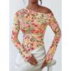 imagePRETTYGARDEN Womens Fall Trendy Off Shoulder Y2k Tops 2025 Tie Dye Mesh Long Sleeve Shirts Asymmetrical Ruched Floral BlouseFloral Apricot Multi