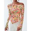 imagePRETTYGARDEN Womens Fall Trendy Off Shoulder Y2k Tops 2025 Tie Dye Mesh Long Sleeve Shirts Asymmetrical Ruched Floral BlouseFloral Apricot Multi