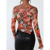imagePRETTYGARDEN Womens Fall Trendy Off Shoulder Y2k Tops 2025 Tie Dye Mesh Long Sleeve Shirts Asymmetrical Ruched Floral BlouseFloral Black Multicolored