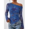 imagePRETTYGARDEN Womens Fall Trendy Off Shoulder Y2k Tops 2025 Tie Dye Mesh Long Sleeve Shirts Asymmetrical Ruched Floral BlouseFloral Blue