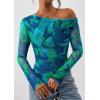 imagePRETTYGARDEN Womens Fall Trendy Off Shoulder Y2k Tops 2025 Tie Dye Mesh Long Sleeve Shirts Asymmetrical Ruched Floral BlouseFloral Green