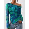 imagePRETTYGARDEN Womens Fall Trendy Off Shoulder Y2k Tops 2025 Tie Dye Mesh Long Sleeve Shirts Asymmetrical Ruched Floral BlouseFloral Green