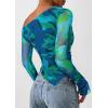 imagePRETTYGARDEN Womens Fall Trendy Off Shoulder Y2k Tops 2025 Tie Dye Mesh Long Sleeve Shirts Asymmetrical Ruched Floral BlouseFloral Green