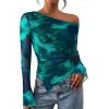 imagePRETTYGARDEN Womens Fall Trendy Off Shoulder Y2k Tops 2025 Tie Dye Mesh Long Sleeve Shirts Asymmetrical Ruched Floral BlouseFloral Lake Blue
