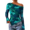 imagePRETTYGARDEN Womens Fall Trendy Off Shoulder Y2k Tops 2025 Tie Dye Mesh Long Sleeve Shirts Asymmetrical Ruched Floral BlouseFloral Lake Blue