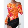 imagePRETTYGARDEN Womens Fall Trendy Off Shoulder Y2k Tops 2025 Tie Dye Mesh Long Sleeve Shirts Asymmetrical Ruched Floral BlouseFloral Orange