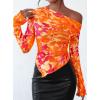 imagePRETTYGARDEN Womens Fall Trendy Off Shoulder Y2k Tops 2025 Tie Dye Mesh Long Sleeve Shirts Asymmetrical Ruched Floral BlouseFloral Orange