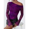 imagePRETTYGARDEN Womens Fall Trendy Off Shoulder Y2k Tops 2025 Tie Dye Mesh Long Sleeve Shirts Asymmetrical Ruched Floral BlousePrint Purple