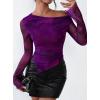 imagePRETTYGARDEN Womens Fall Trendy Off Shoulder Y2k Tops 2025 Tie Dye Mesh Long Sleeve Shirts Asymmetrical Ruched Floral BlousePrint Purple