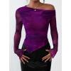 imagePRETTYGARDEN Womens Fall Trendy Off Shoulder Y2k Tops 2025 Tie Dye Mesh Long Sleeve Shirts Asymmetrical Ruched Floral BlousePrint Purple