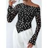 imagePRETTYGARDEN Womens Fall Trendy Off Shoulder Y2k Tops 2025 Tie Dye Mesh Long Sleeve Shirts Asymmetrical Ruched Floral BlouseSmall Dot Black