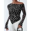 imagePRETTYGARDEN Womens Fall Trendy Off Shoulder Y2k Tops 2025 Tie Dye Mesh Long Sleeve Shirts Asymmetrical Ruched Floral BlouseSmall Dot Black