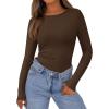 imagePRETTYGARDEN Womens Long Sleeve Shirts 2025 Ribbed Knit Slim Fitted Basic Tee Casual Going Out Tops Underscrubs Fall ClothingBrown