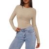imagePRETTYGARDEN Womens Long Sleeve Shirts 2025 Ribbed Knit Slim Fitted Basic Tee Casual Going Out Tops Underscrubs Fall ClothingKhaki
