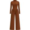 imagePRETTYGARDEN Long Sleeve Jumpsuit for Women 2025 Fall Date Night Rompers Dressy Casual One Piece Mock Neck Jumpsuits PocketsBrown