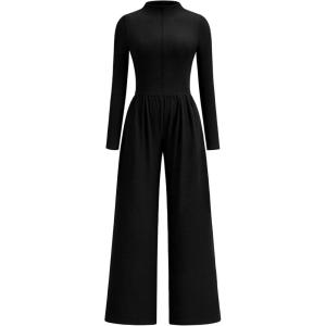 imagePRETTYGARDEN Long Sleeve Jumpsuit for Women 2025 Fall Date Night Rompers Dressy Casual One Piece Mock Neck Jumpsuits PocketsBlack