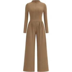 imagePRETTYGARDEN Long Sleeve Jumpsuit for Women 2025 Fall Date Night Rompers Dressy Casual One Piece Mock Neck Jumpsuits PocketsCamel