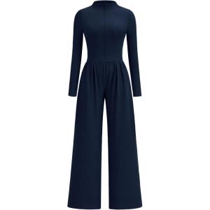 imagePRETTYGARDEN Long Sleeve Jumpsuit for Women 2025 Fall Date Night Rompers Dressy Casual One Piece Mock Neck Jumpsuits PocketsNavy Blue