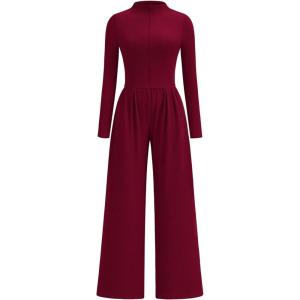 imagePRETTYGARDEN Long Sleeve Jumpsuit for Women 2025 Fall Date Night Rompers Dressy Casual One Piece Mock Neck Jumpsuits PocketsWine Red