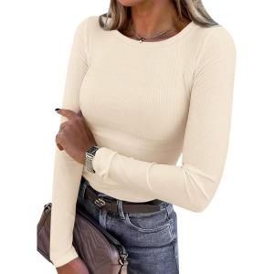 imagePRETTYGARDEN Women 2025 Fall Clothes Long Sleeve Shirts Ribbed Knit Fitted Basic Tee Going Out Tops Underscrub Casual OutfitsBeige