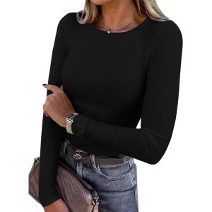 imagePRETTYGARDEN Women 2025 Fall Clothes Long Sleeve Shirts Ribbed Knit Fitted Basic Tee Going Out Tops Underscrub Casual OutfitsBlack