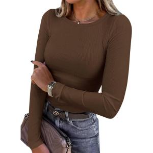 imagePRETTYGARDEN Women 2025 Fall Clothes Long Sleeve Shirts Ribbed Knit Fitted Basic Tee Going Out Tops Underscrub Casual OutfitsBrown