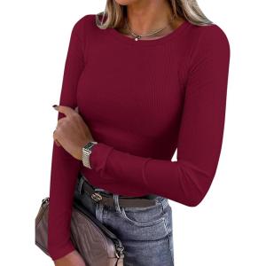 imagePRETTYGARDEN Women 2025 Fall Clothes Long Sleeve Shirts Ribbed Knit Fitted Basic Tee Going Out Tops Underscrub Casual OutfitsBurgundy