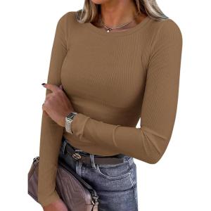 imagePRETTYGARDEN Women 2025 Fall Clothes Long Sleeve Shirts Ribbed Knit Fitted Basic Tee Going Out Tops Underscrub Casual OutfitsDark Khaki