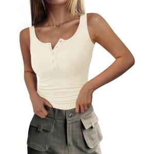 imagePRETTYGARDEN Womens 2025 Summer Tank Tops Ribbed Knit Slim Fit Sleeveless Henley Shirts Casual Basic Button Up BlouseBeige
