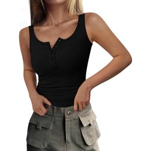 imagePRETTYGARDEN Womens 2025 Summer Tank Tops Ribbed Knit Slim Fit Sleeveless Henley Shirts Casual Basic Button Up BlouseBlack