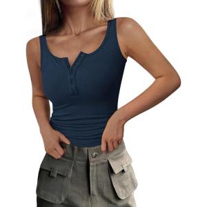 imagePRETTYGARDEN Womens 2025 Summer Tank Tops Ribbed Knit Slim Fit Sleeveless Henley Shirts Casual Basic Button Up BlouseDark Blue