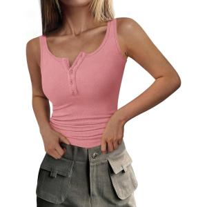 imagePRETTYGARDEN Womens 2025 Summer Tank Tops Ribbed Knit Slim Fit Sleeveless Henley Shirts Casual Basic Button Up BlousePink