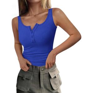 imagePRETTYGARDEN Womens 2025 Summer Tank Tops Ribbed Knit Slim Fit Sleeveless Henley Shirts Casual Basic Button Up BlouseRoyal Blue