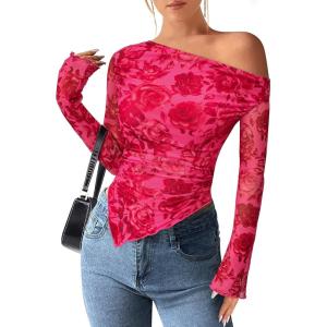 imagePRETTYGARDEN Womens Fall Trendy Off Shoulder Y2k Tops 2025 Tie Dye Mesh Long Sleeve Shirts Asymmetrical Ruched Floral BlouseRose Tan