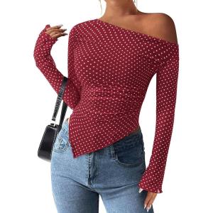 imagePRETTYGARDEN Womens Fall Trendy Off Shoulder Y2k Tops 2025 Tie Dye Mesh Long Sleeve Shirts Asymmetrical Ruched Floral BlouseSmall Dot Red White