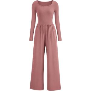 imagePRETTYGARDEN Womens Jumpsuits Dressy Casual Fall Fashion 2025 Trendy Long Sleeve Wide Leg Rompers Spring Work Office OutfitsDusty Pink
