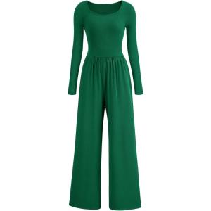 imagePRETTYGARDEN Womens Jumpsuits Dressy Casual Fall Fashion 2025 Trendy Long Sleeve Wide Leg Rompers Spring Work Office OutfitsGreen